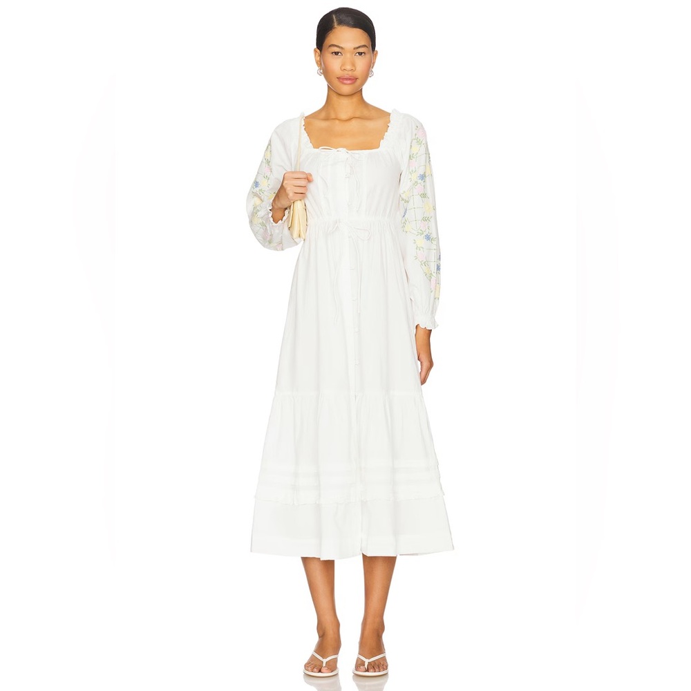 Revolve Anthropologie Damson Madder White Cotton Junia Midi Dress in Embroidered